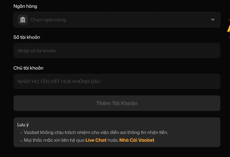 Rút Tiền VaoBet an toàn nhanh chóng qua tài khoản ngân hàng.